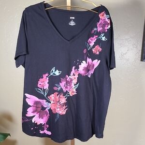 EVRI Pink and Black Floral Graphic Relaxed T-Shirt 1X